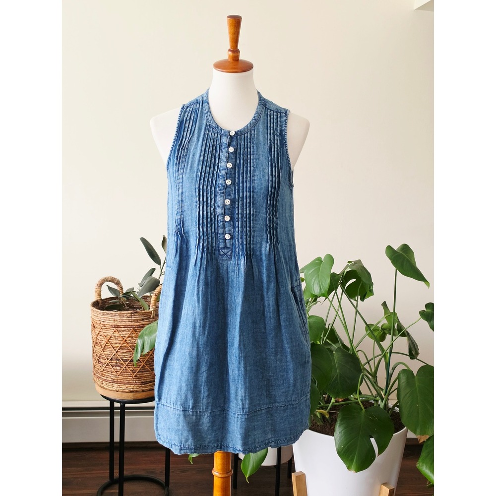 Faherty Indigo Blue Organic Cotton Pintuck Sleeveless Shift Mini Dress Small